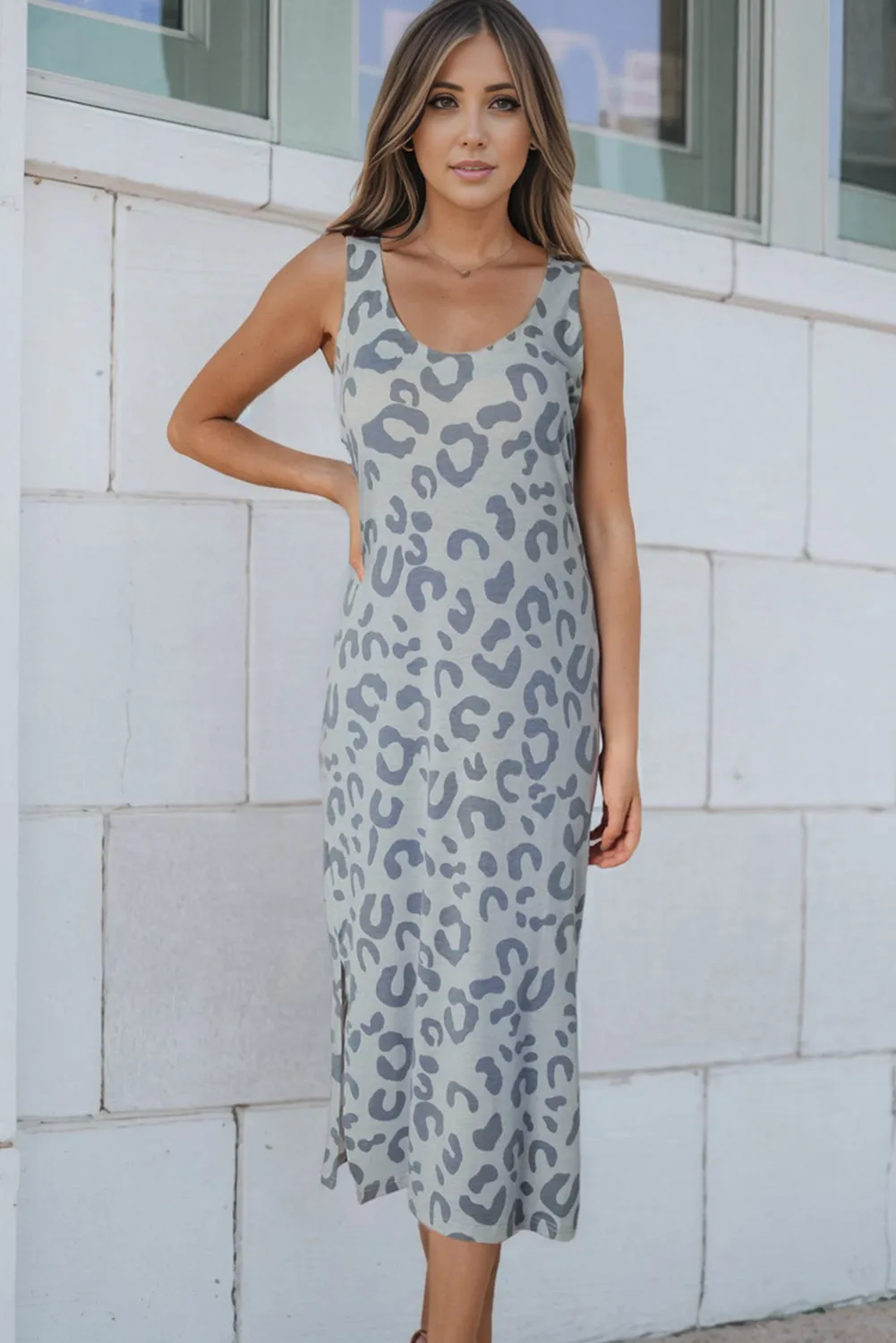 * APP EXCLUSIVE* Leopard Sleeveless Slit Midi Dress