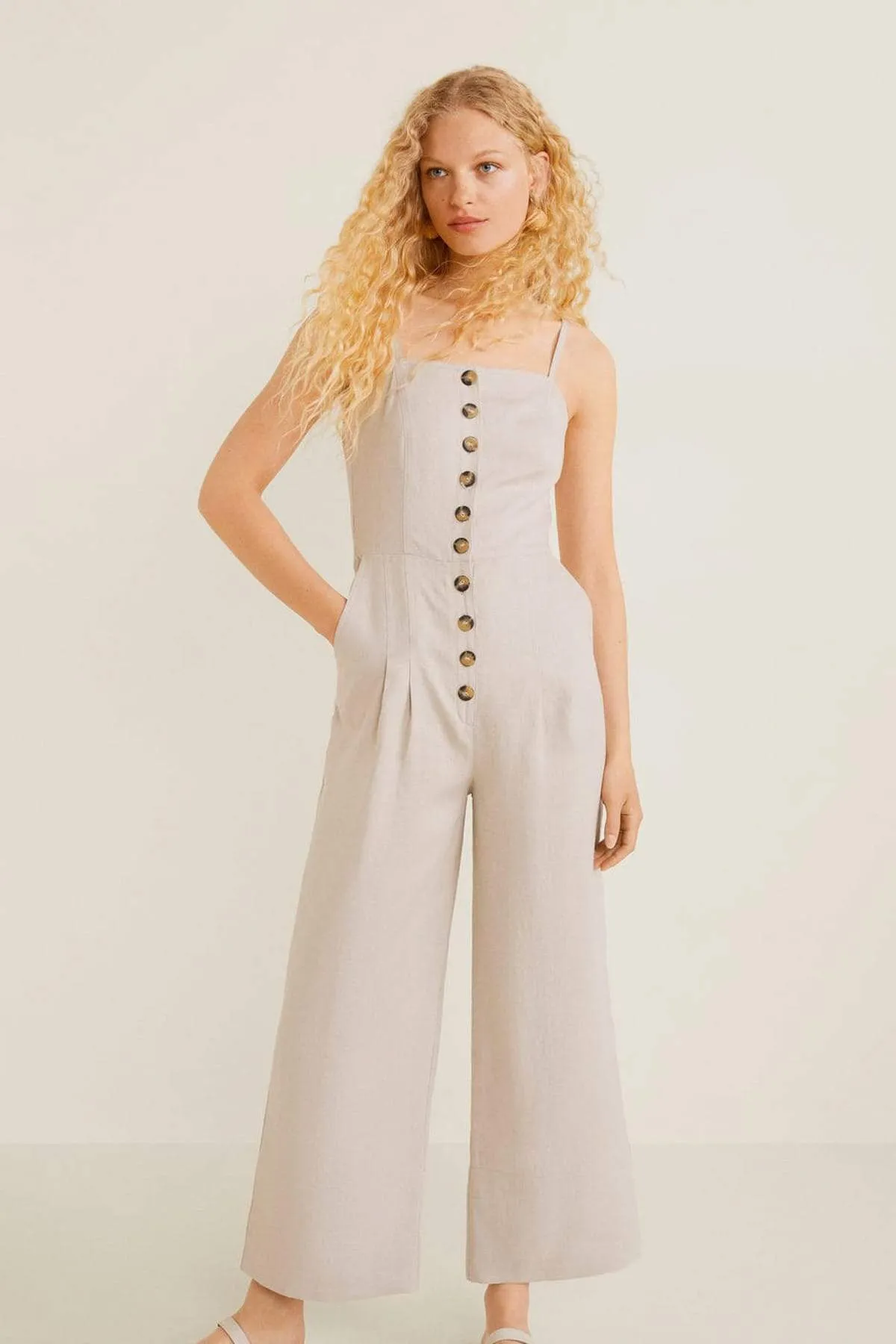 13679 Cream Button Linen Jumpsuit