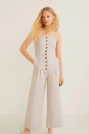 13679 Cream Button Linen Jumpsuit
