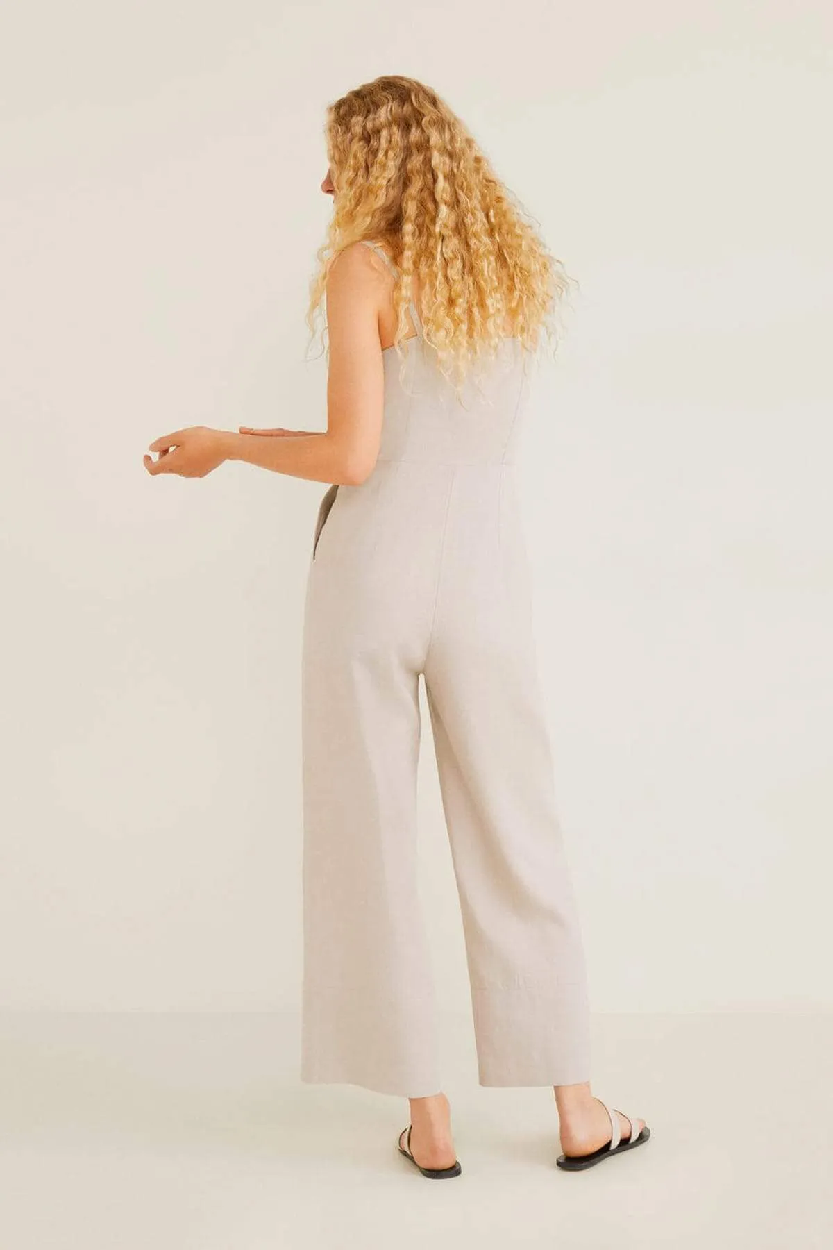 13679 Cream Button Linen Jumpsuit
