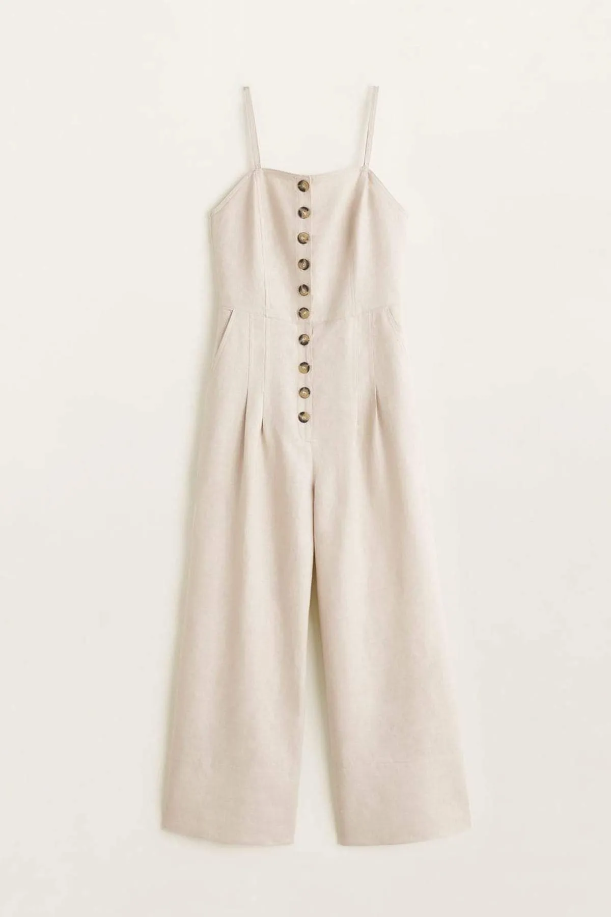 13679 Cream Button Linen Jumpsuit