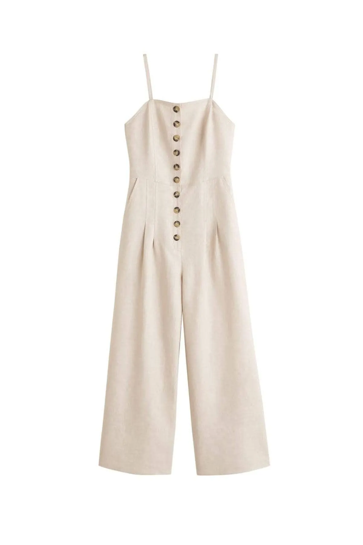 13679 Cream Button Linen Jumpsuit