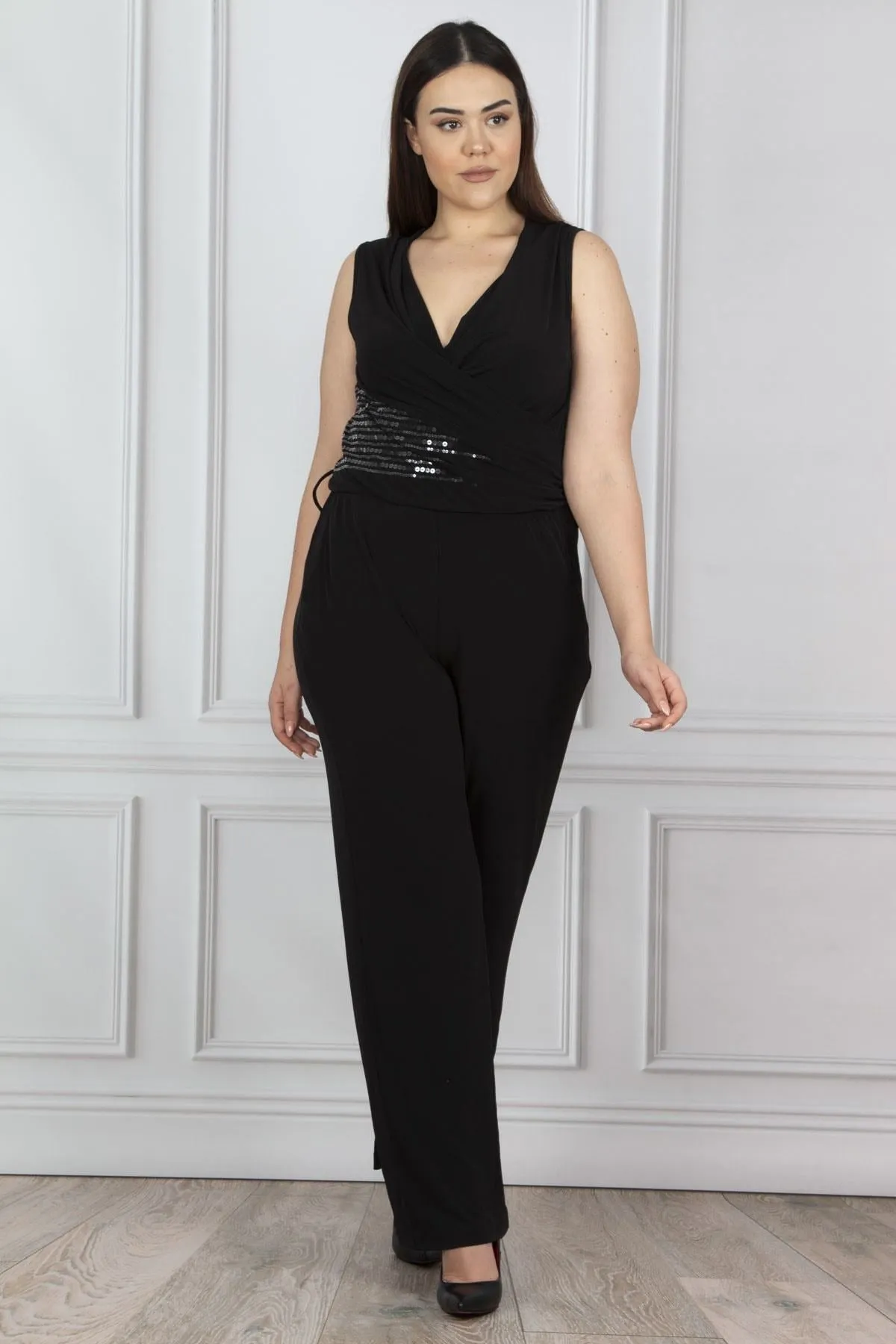 16113 Black Sequin Detail Knitted Jumpsuit