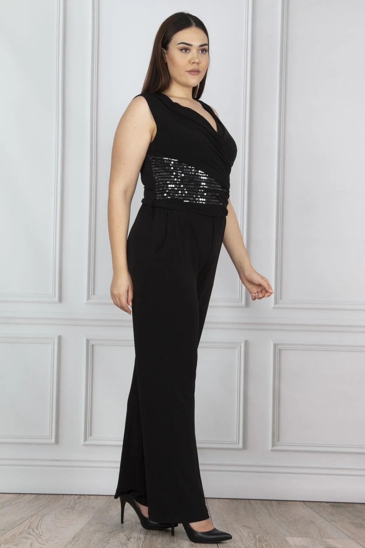 16113 Black Sequin Detail Knitted Jumpsuit
