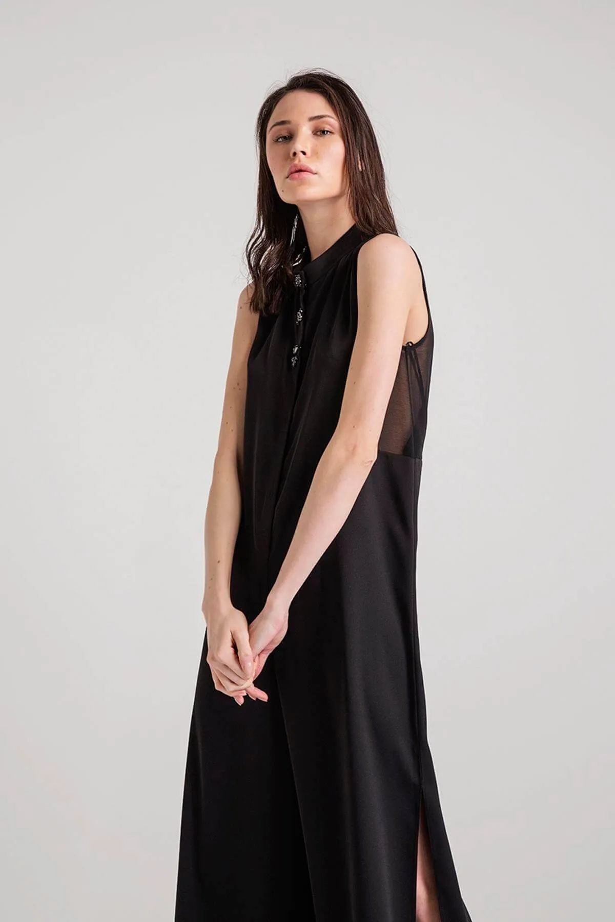 16271 Black Transparent Detail Slit Loose Jumpsuit