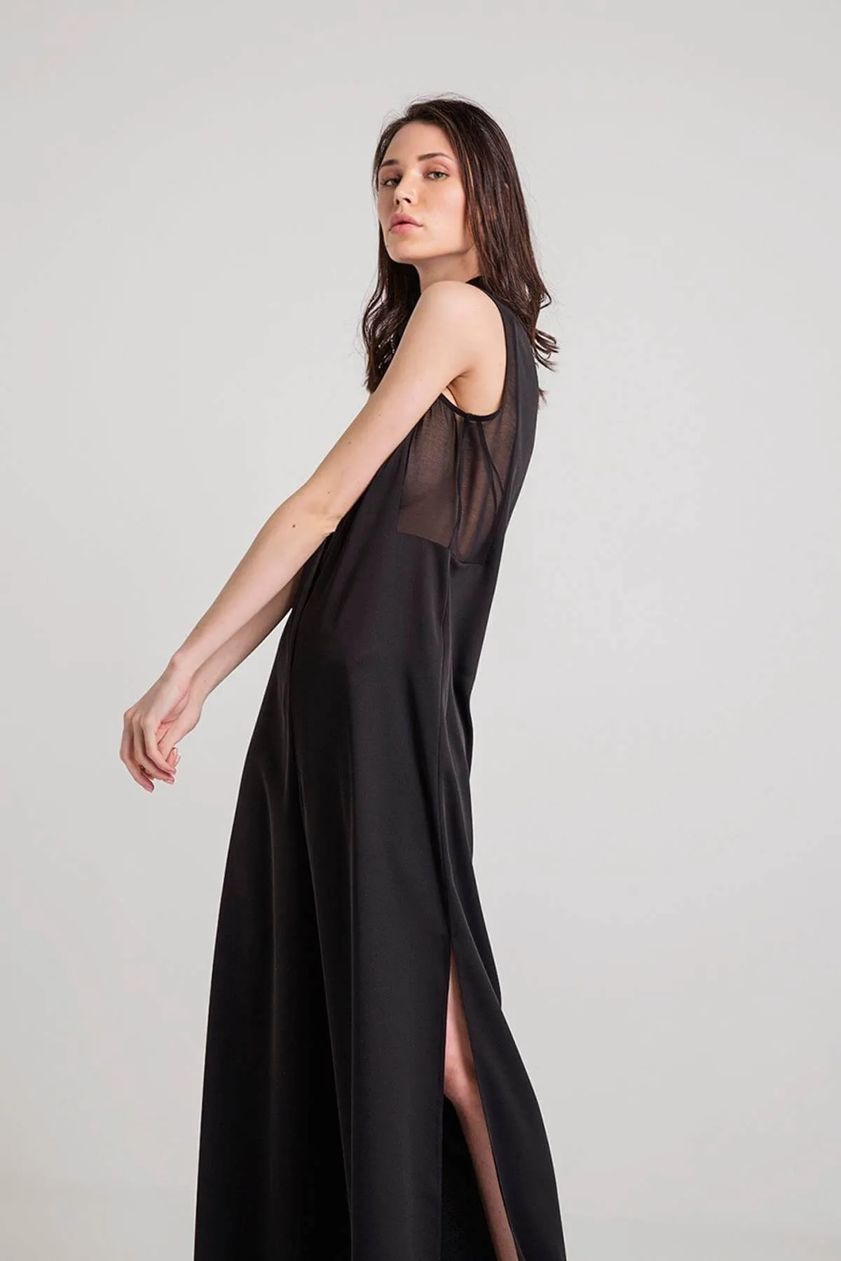 16271 Black Transparent Detail Slit Loose Jumpsuit