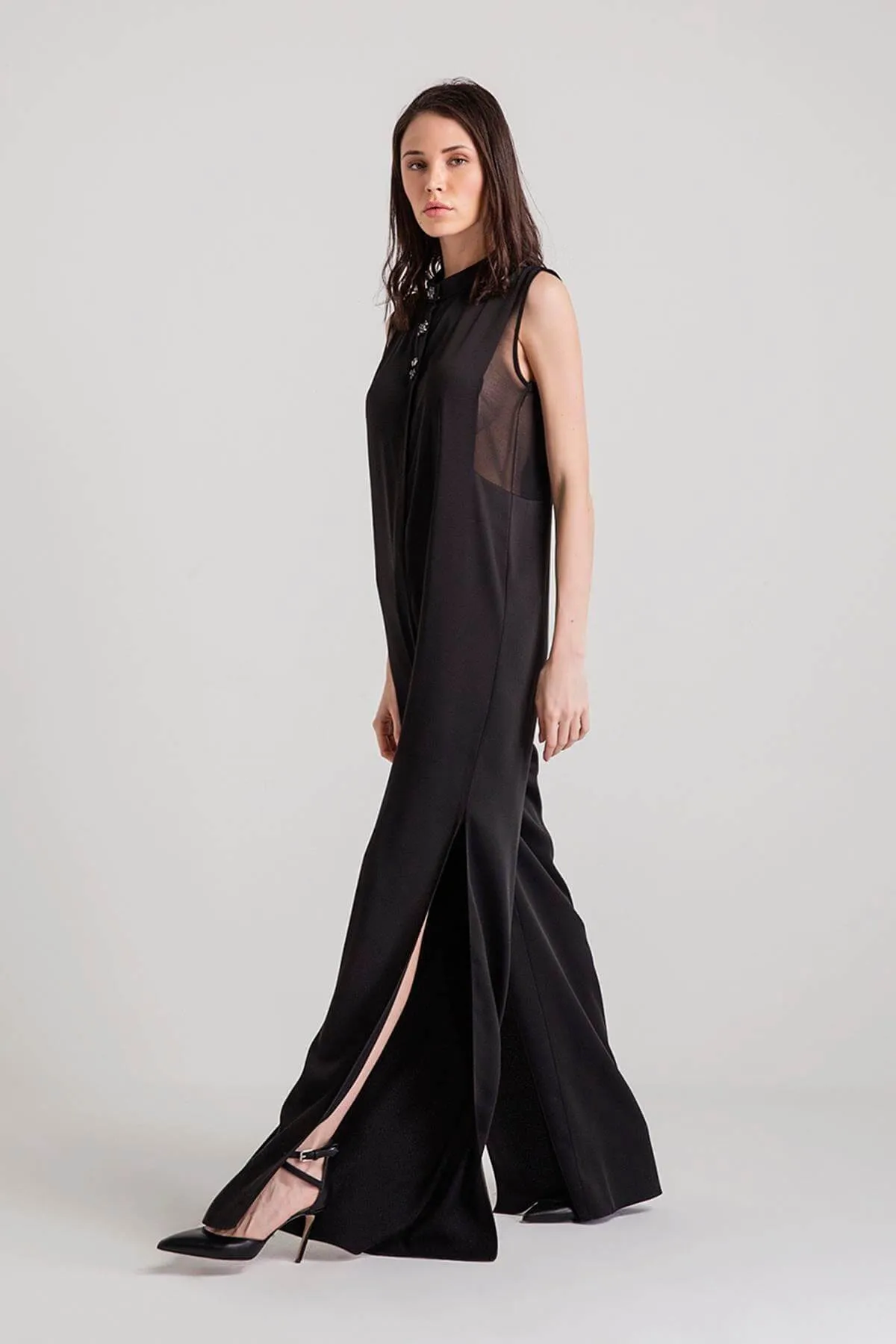 16271 Black Transparent Detail Slit Loose Jumpsuit