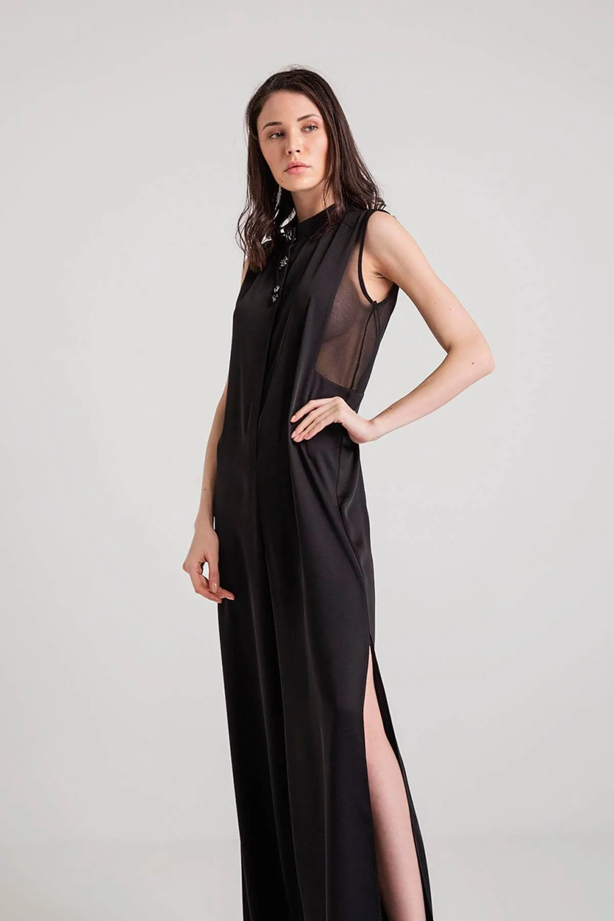 16271 Black Transparent Detail Slit Loose Jumpsuit
