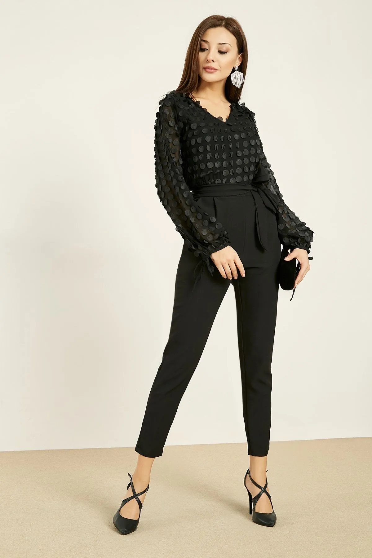 16277 Black Applique Top Jumpsuit