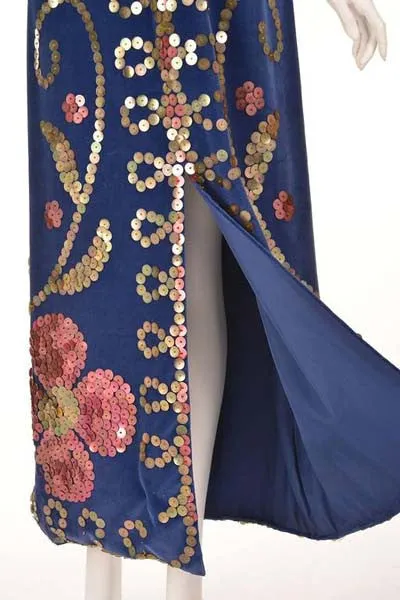 1970s Blue Velvet Maxi Dress with Large Gold Sequins