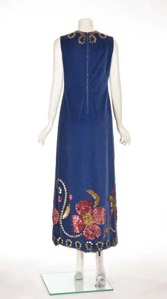 1970s Blue Velvet Maxi Dress with Large Gold Sequins
