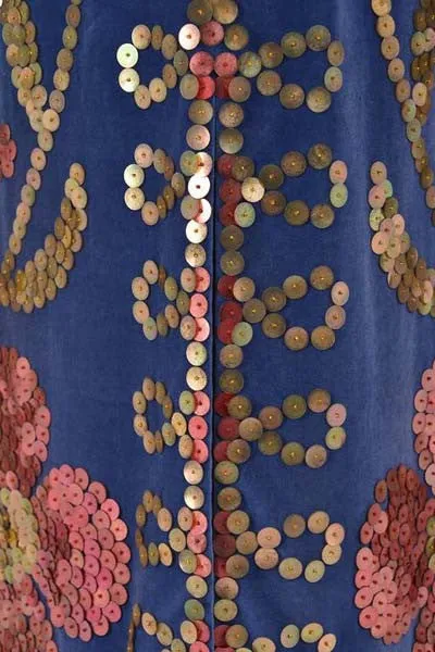 1970s Blue Velvet Maxi Dress with Large Gold Sequins