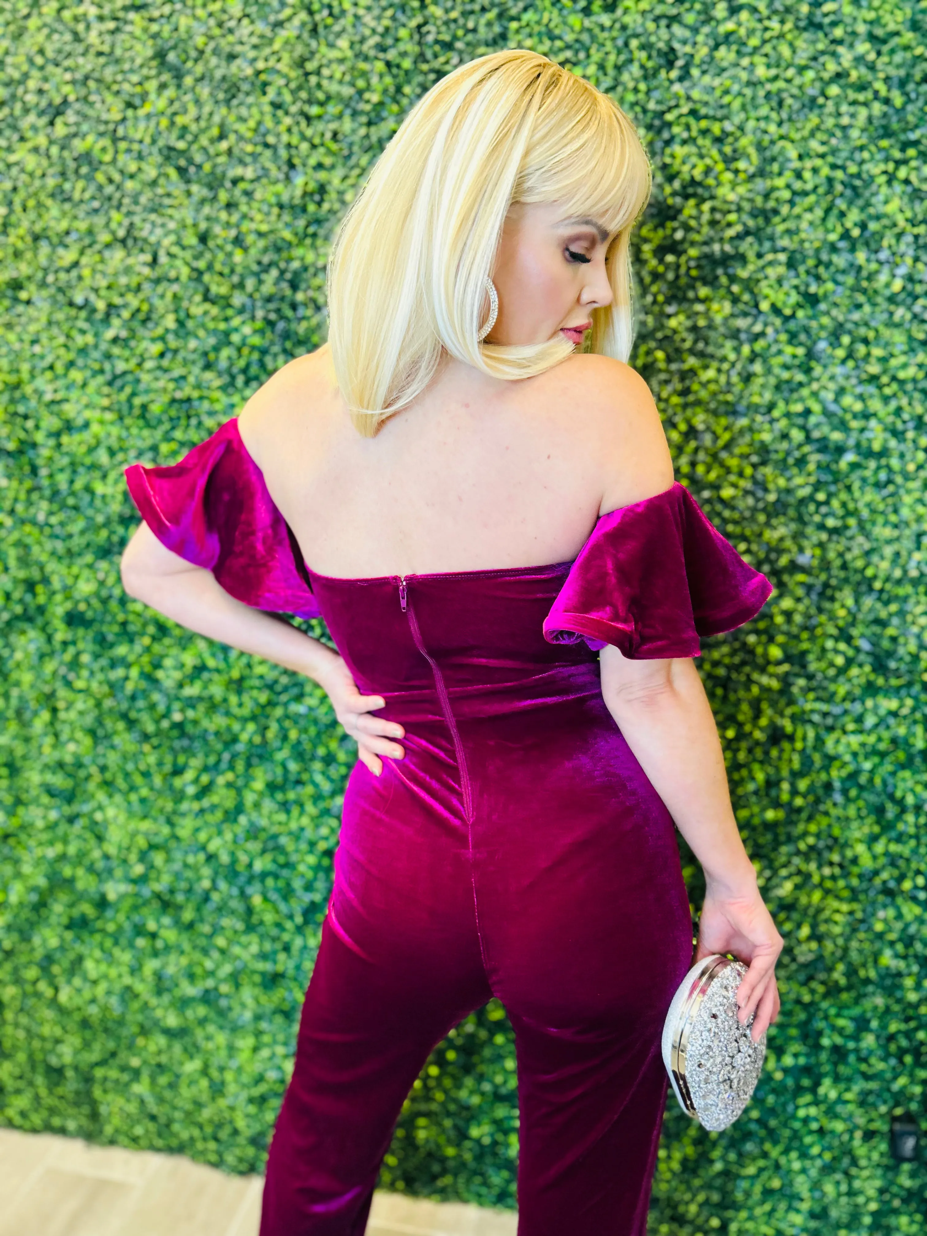 ANOTHER LOVE Magenta Velvet Off-the-Shoulder Jumpsuit is