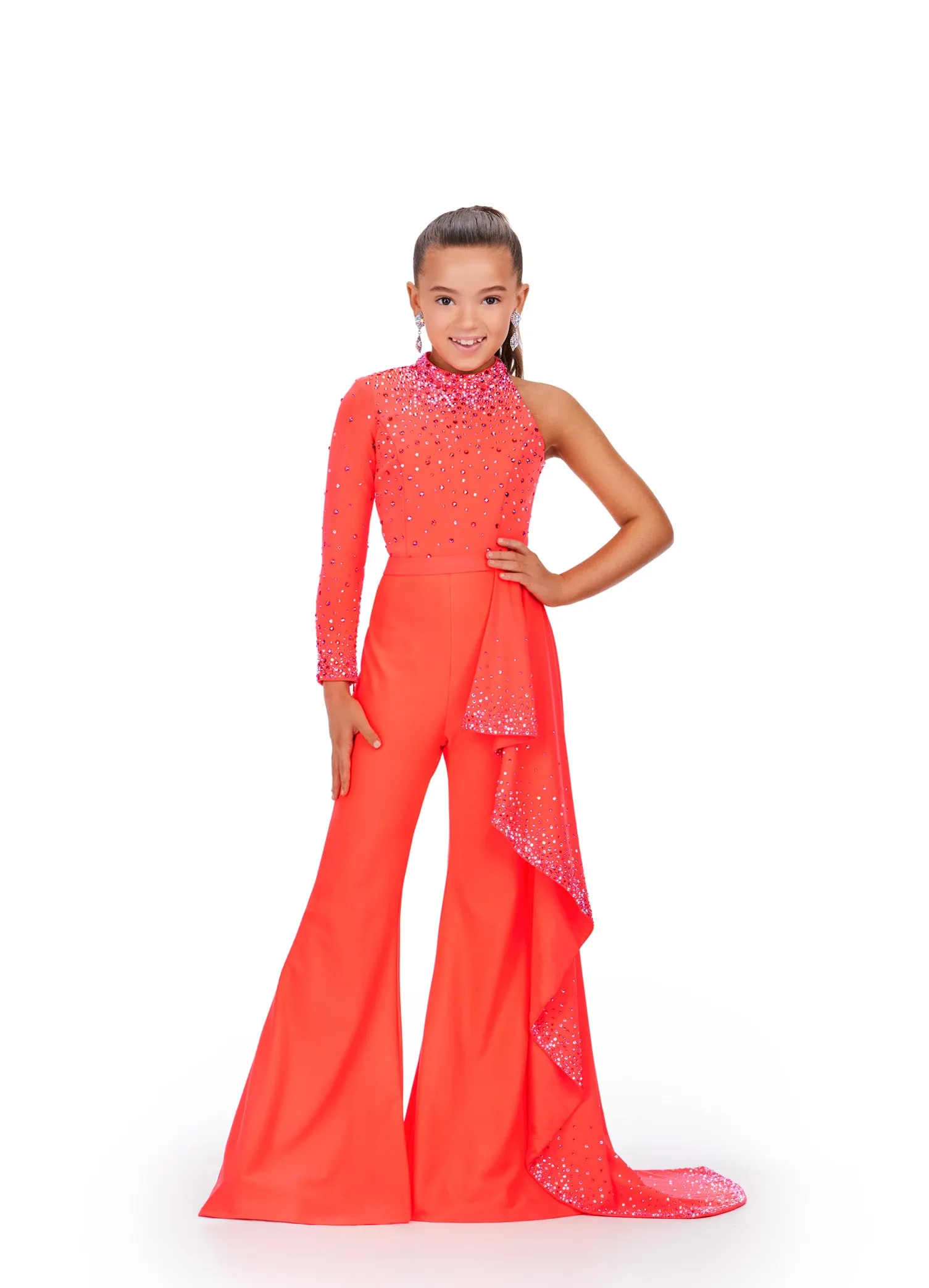 Ashley Lauren Kids 8253 Girls Pageant Jumpsuit Ruffle Train Long Sleeve Pant Suit bell bottoms