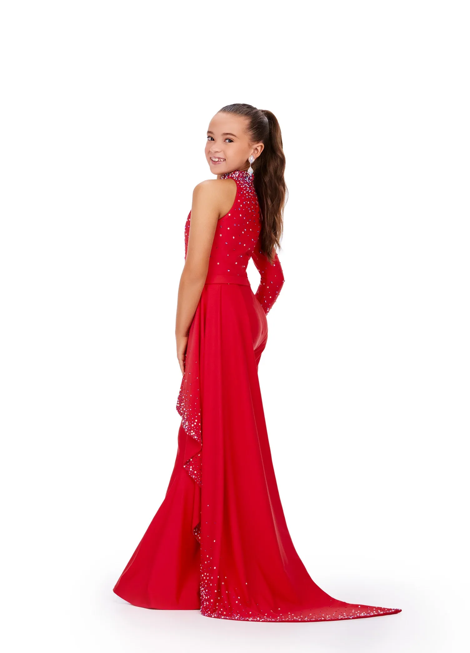 Ashley Lauren Kids 8253 Girls Pageant Jumpsuit Ruffle Train Long Sleeve Pant Suit bell bottoms