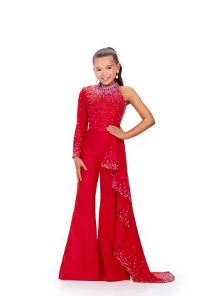 Ashley Lauren Kids 8253 Girls Pageant Jumpsuit Ruffle Train Long Sleeve Pant Suit bell bottoms
