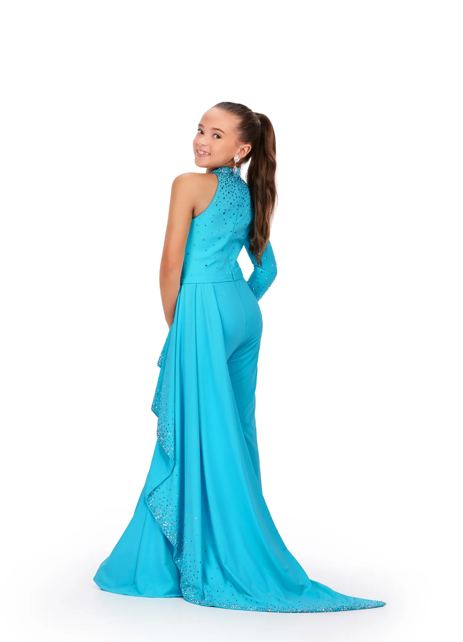 Ashley Lauren Kids 8253 Girls Pageant Jumpsuit Ruffle Train Long Sleeve Pant Suit bell bottoms
