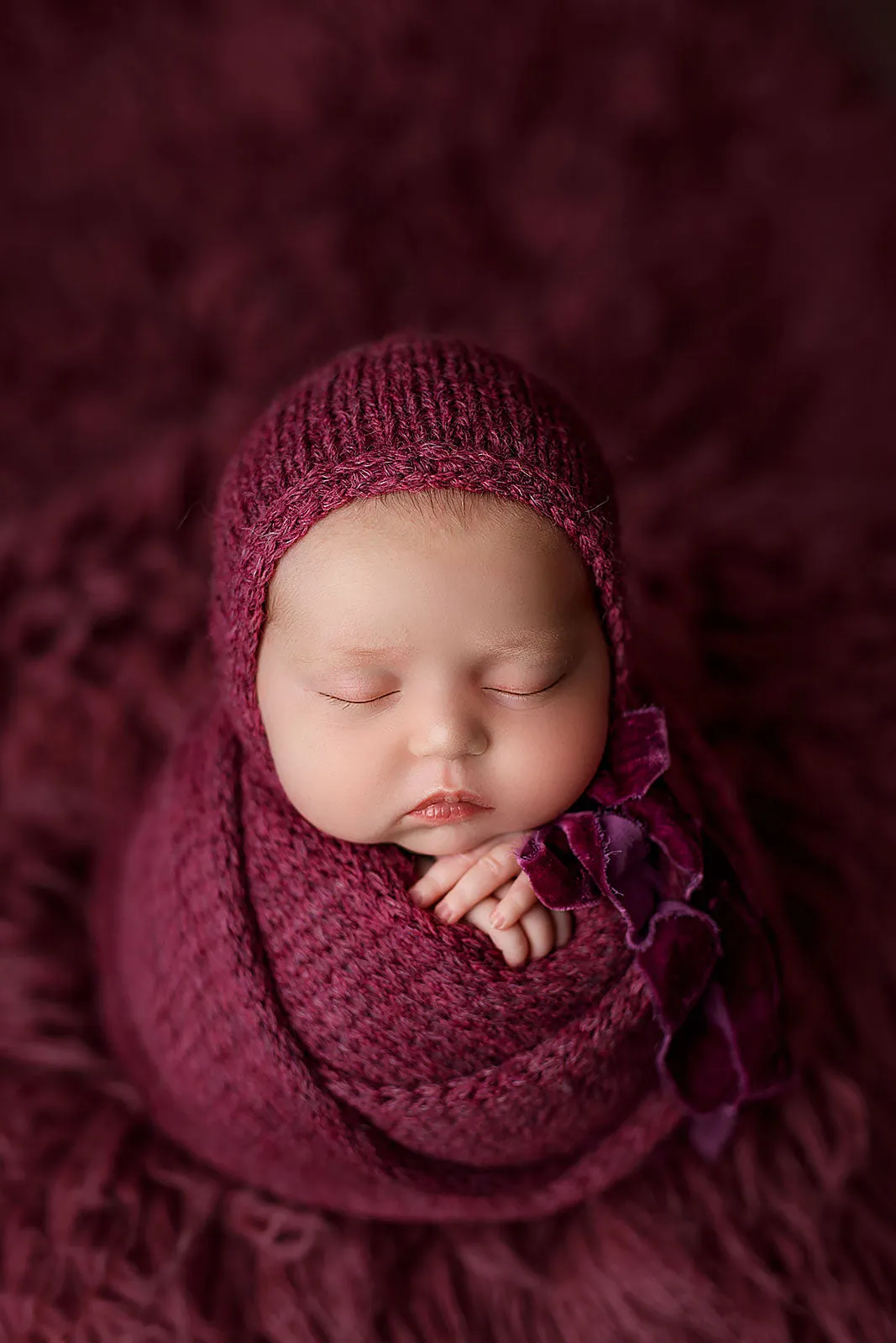 Baby newborn knitted wrap, bonnet, chunky layer, tieback bundle, velvet, berry pink, made to order