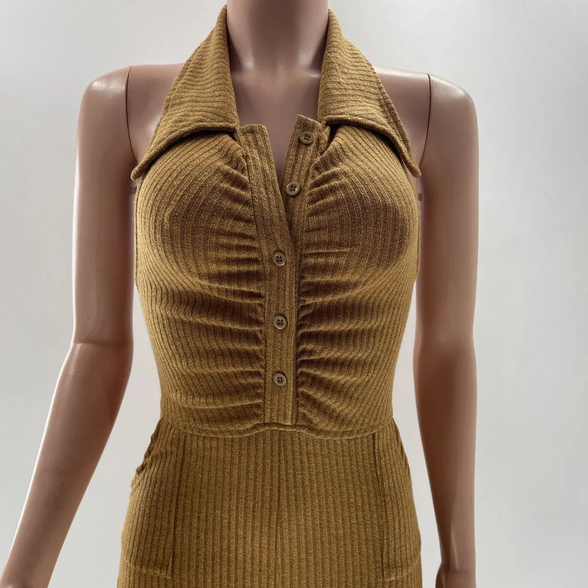 Backless Halter Lapel Wool Jumpsuit (Cl10473)