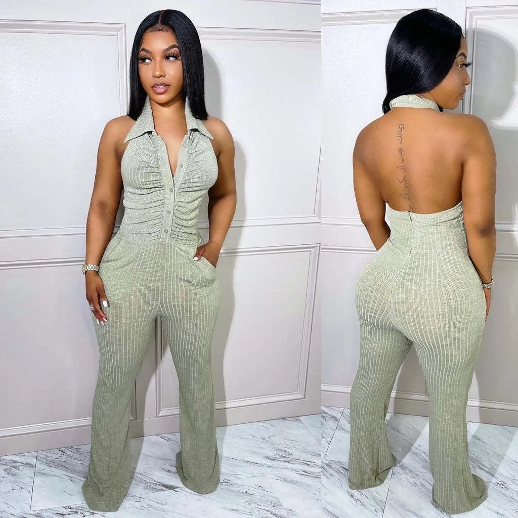 Backless Halter Lapel Wool Jumpsuit (Cl10473)