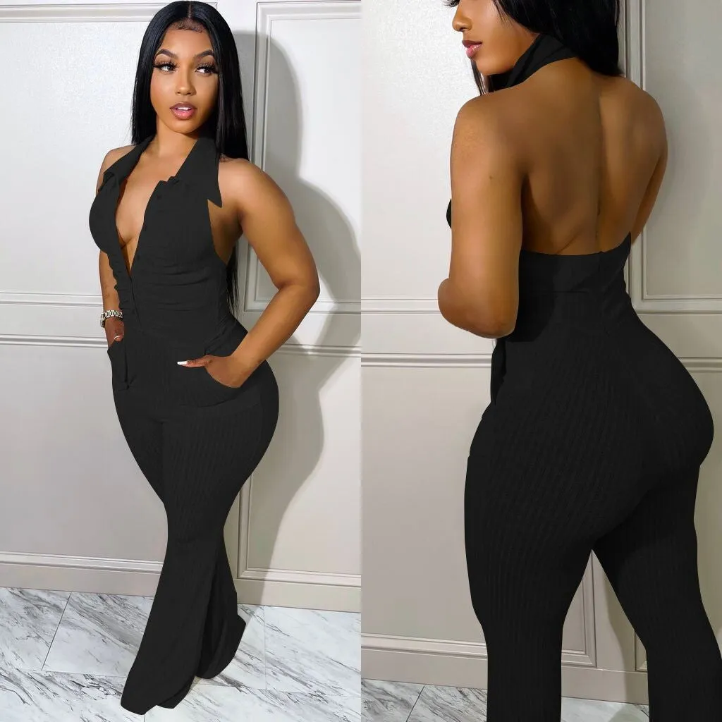 Backless Halter Lapel Wool Jumpsuit (Cl10473)