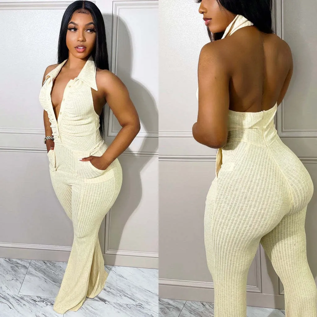 Backless Halter Lapel Wool Jumpsuit (Cl10473)