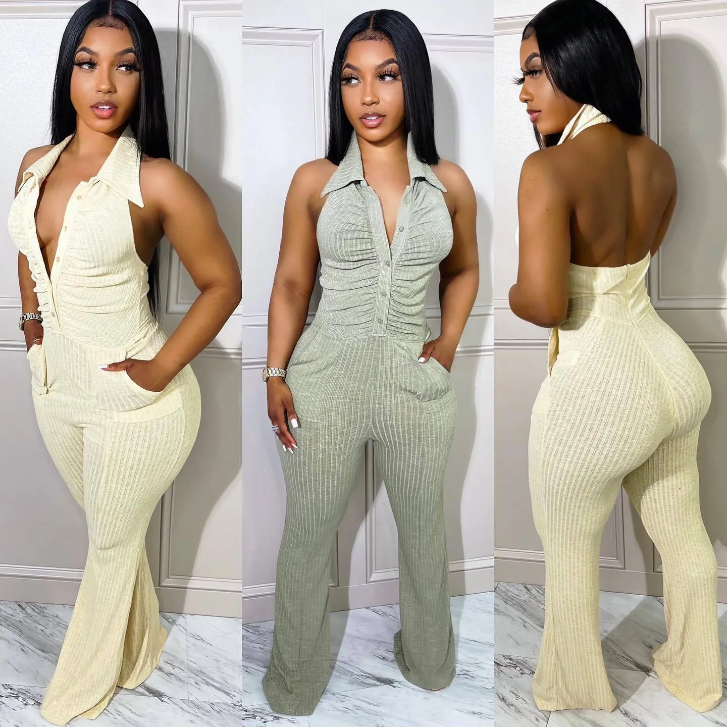 Backless Halter Lapel Wool Jumpsuit (Cl10473)