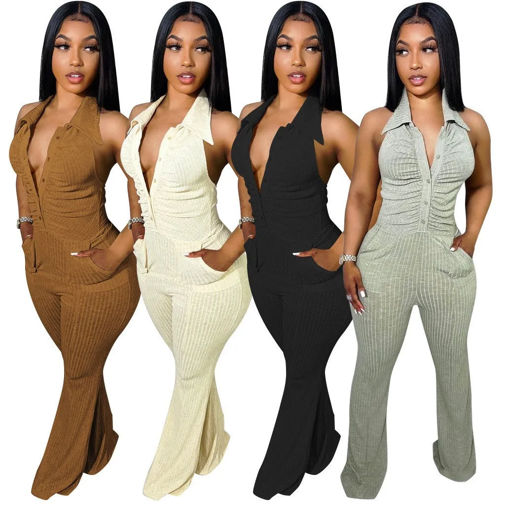 Backless Halter Lapel Wool Jumpsuit (Cl10473)
