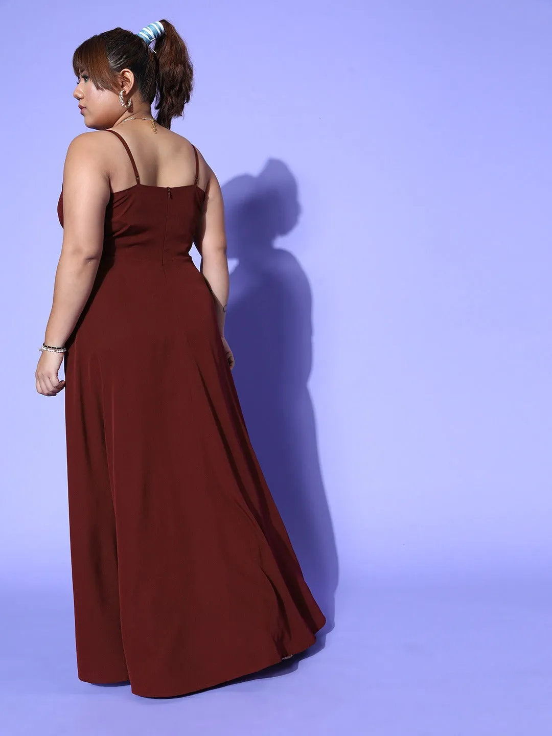 Berrylush Women Plus Size Solid Maroon V-Neck Sleeveless Thigh-High Slit Flared Maxi Dress