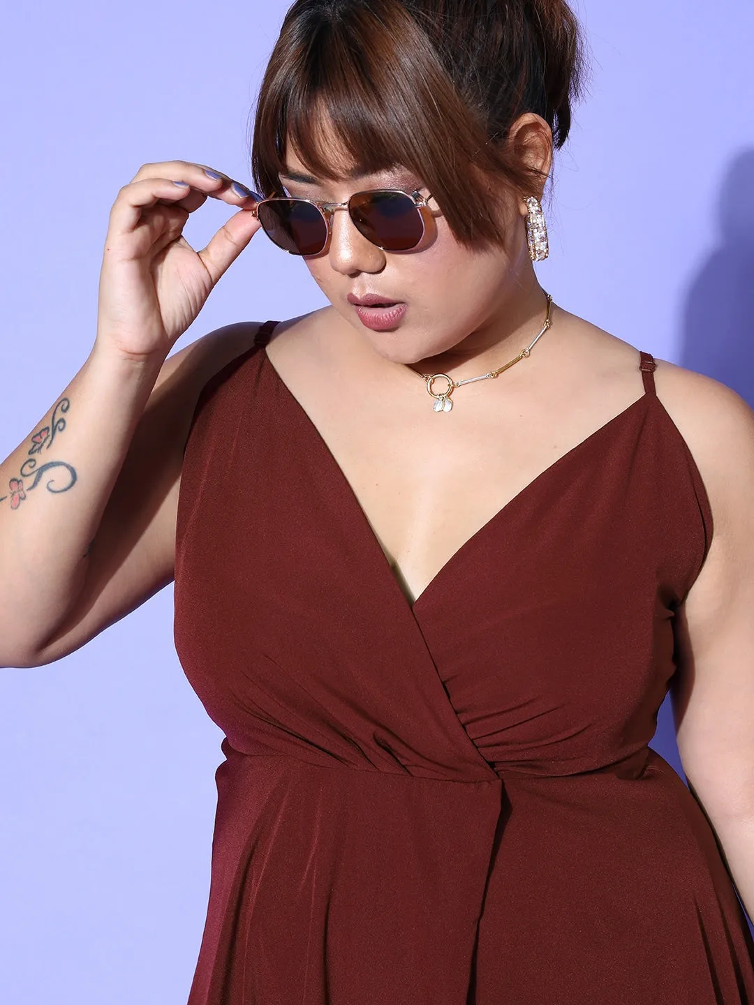 Berrylush Women Plus Size Solid Maroon V-Neck Sleeveless Thigh-High Slit Flared Maxi Dress