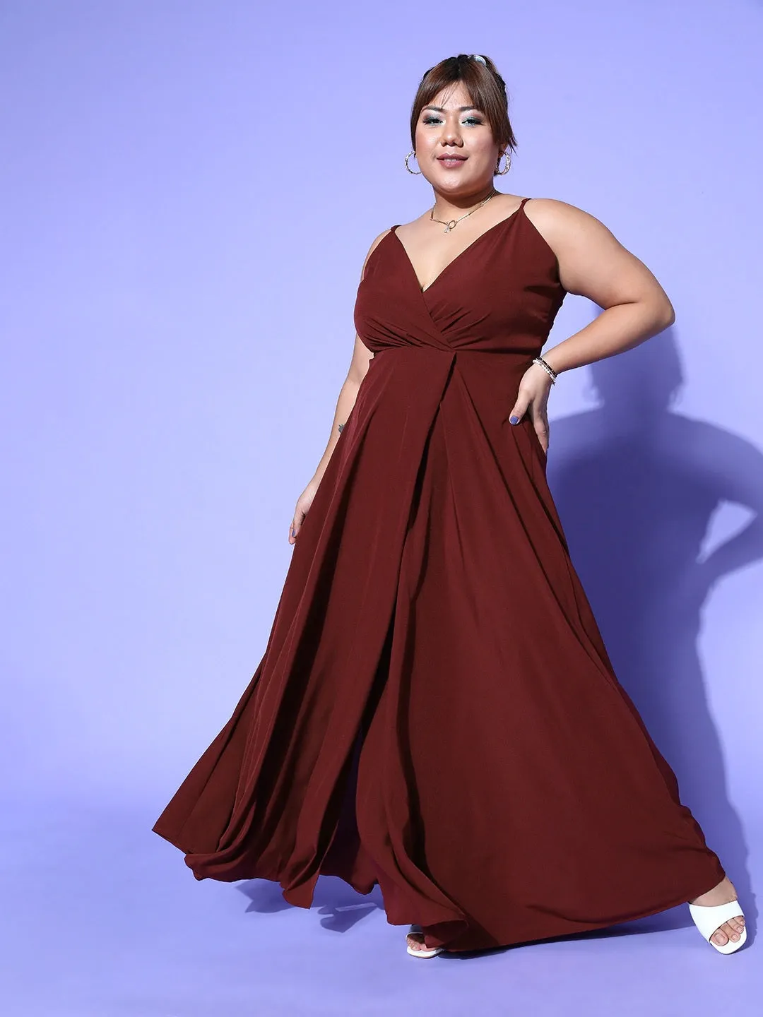 Berrylush Women Plus Size Solid Maroon V-Neck Sleeveless Thigh-High Slit Flared Maxi Dress