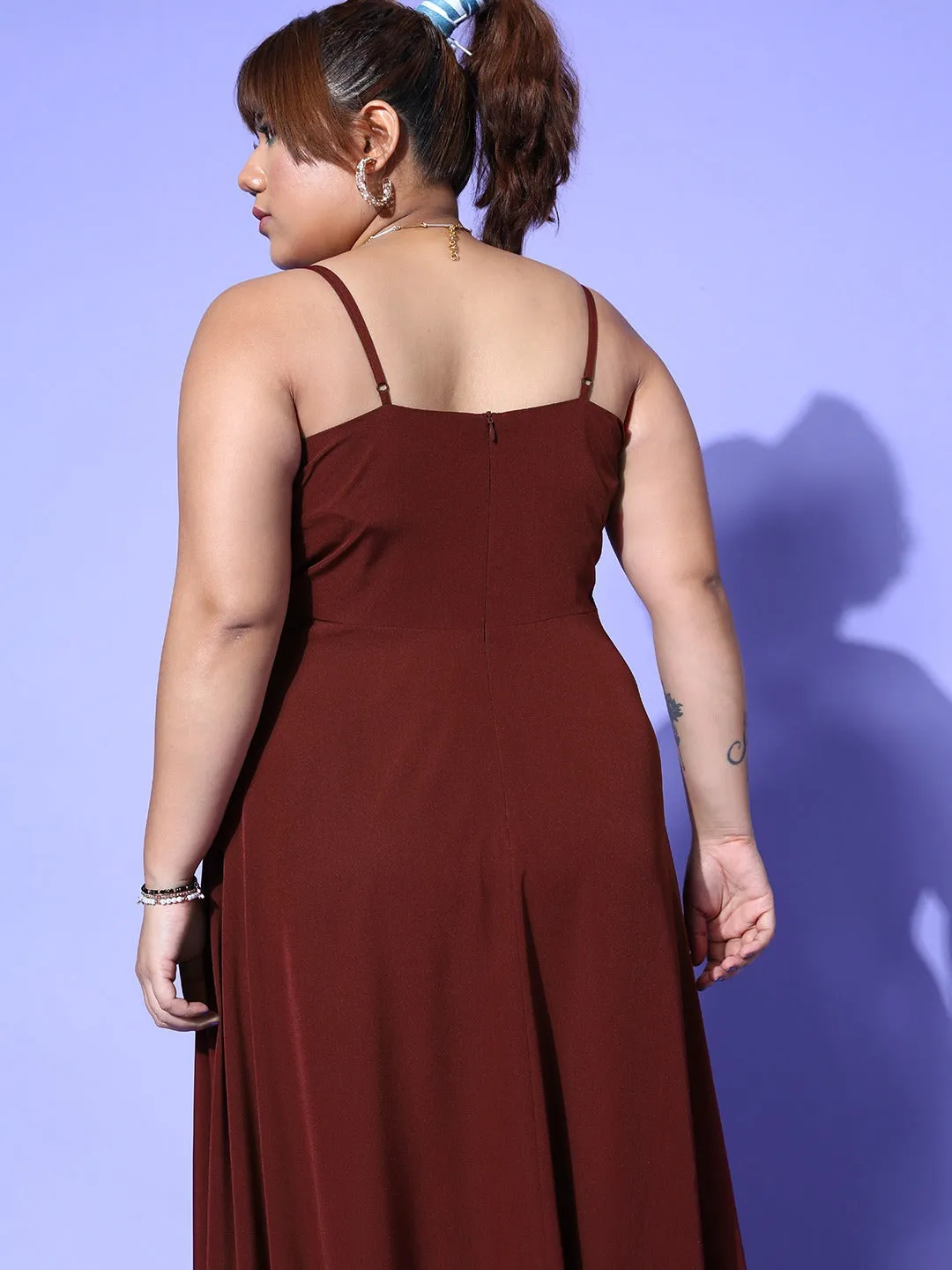 Berrylush Women Plus Size Solid Maroon V-Neck Sleeveless Thigh-High Slit Flared Maxi Dress