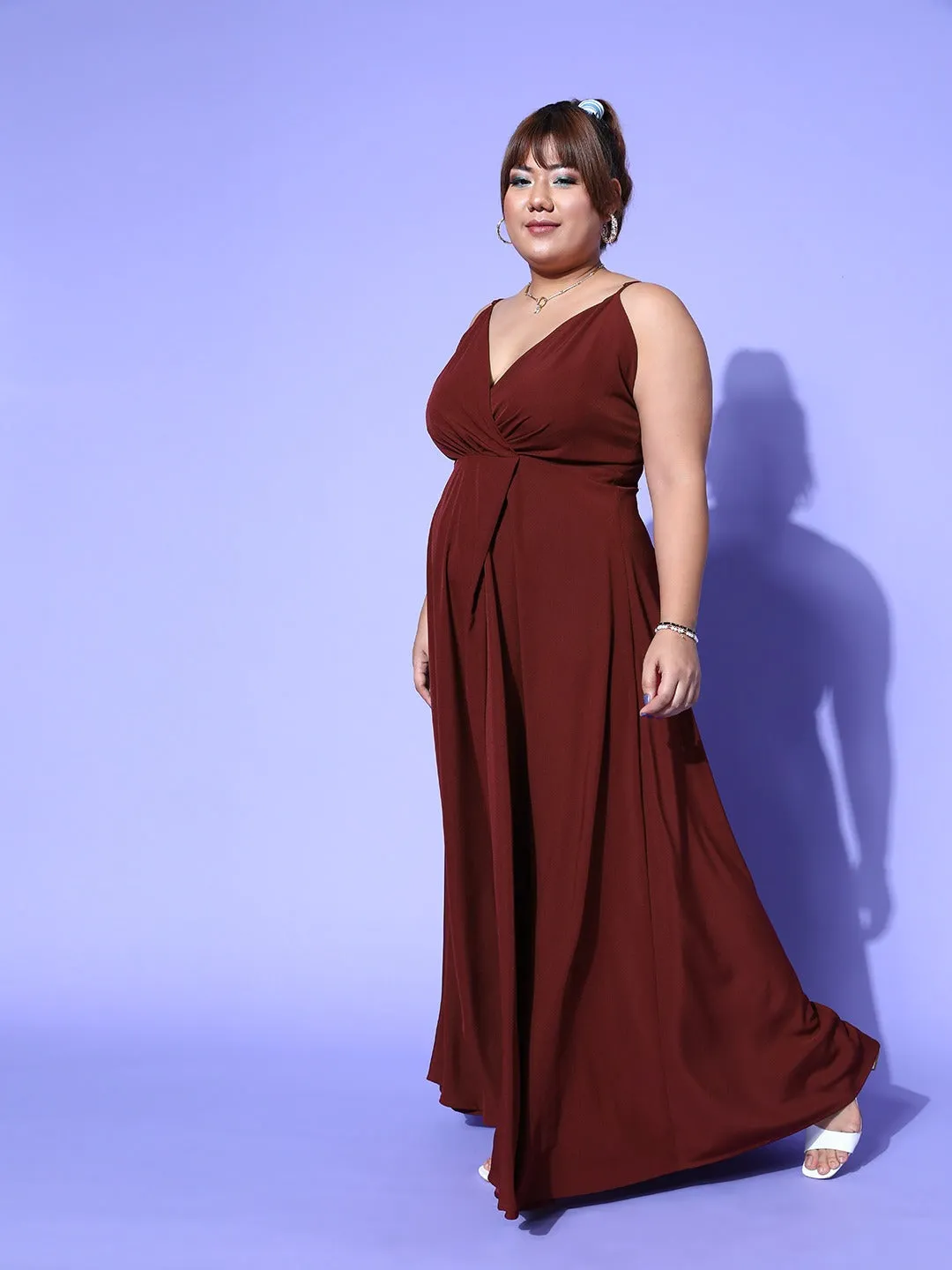 Berrylush Women Plus Size Solid Maroon V-Neck Sleeveless Thigh-High Slit Flared Maxi Dress