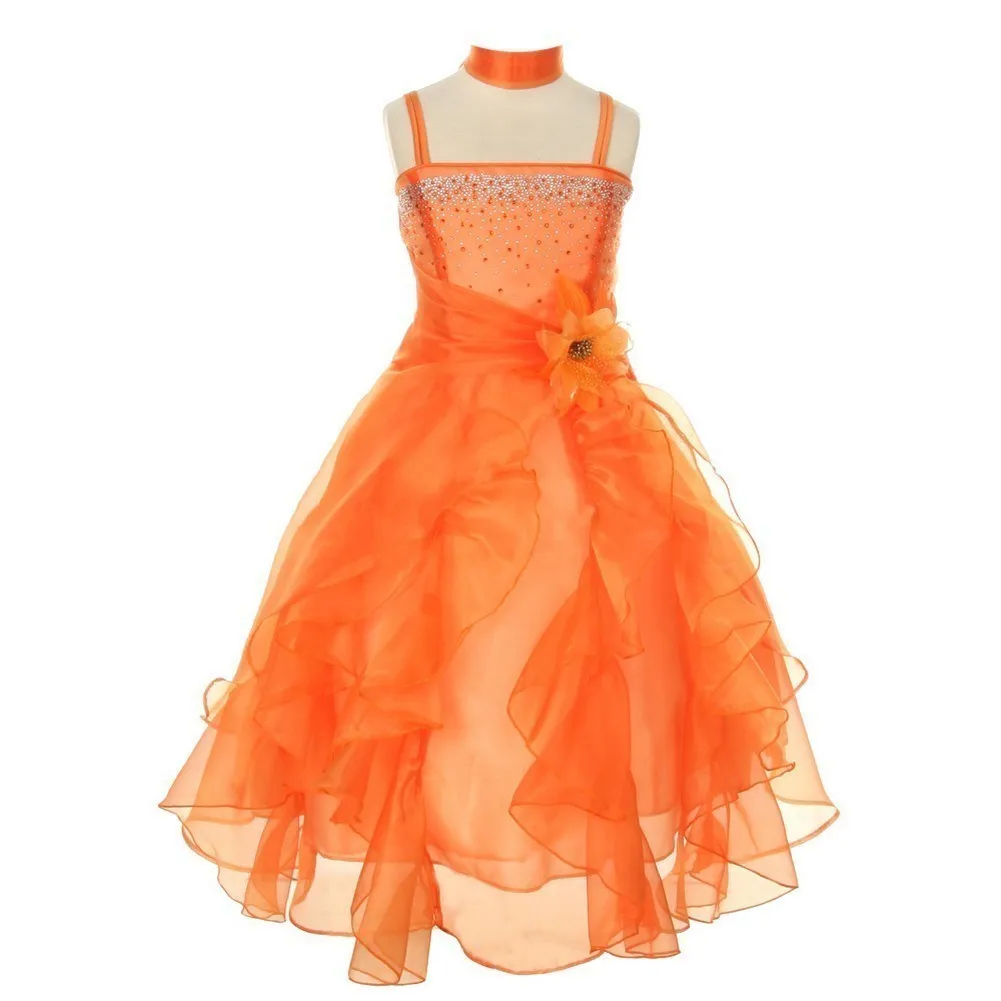 Big Girls Orange Crystal Organza Cascade Ruffle Dress 8-14