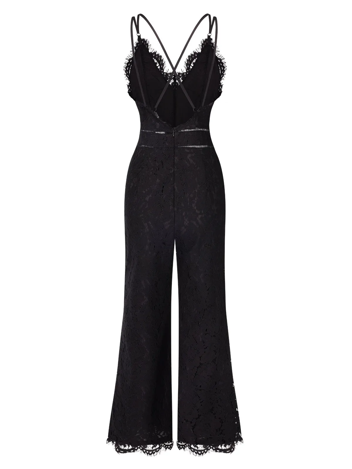 Black 1970s Lace V-Neck Spaghetti Straps Jumpsuit