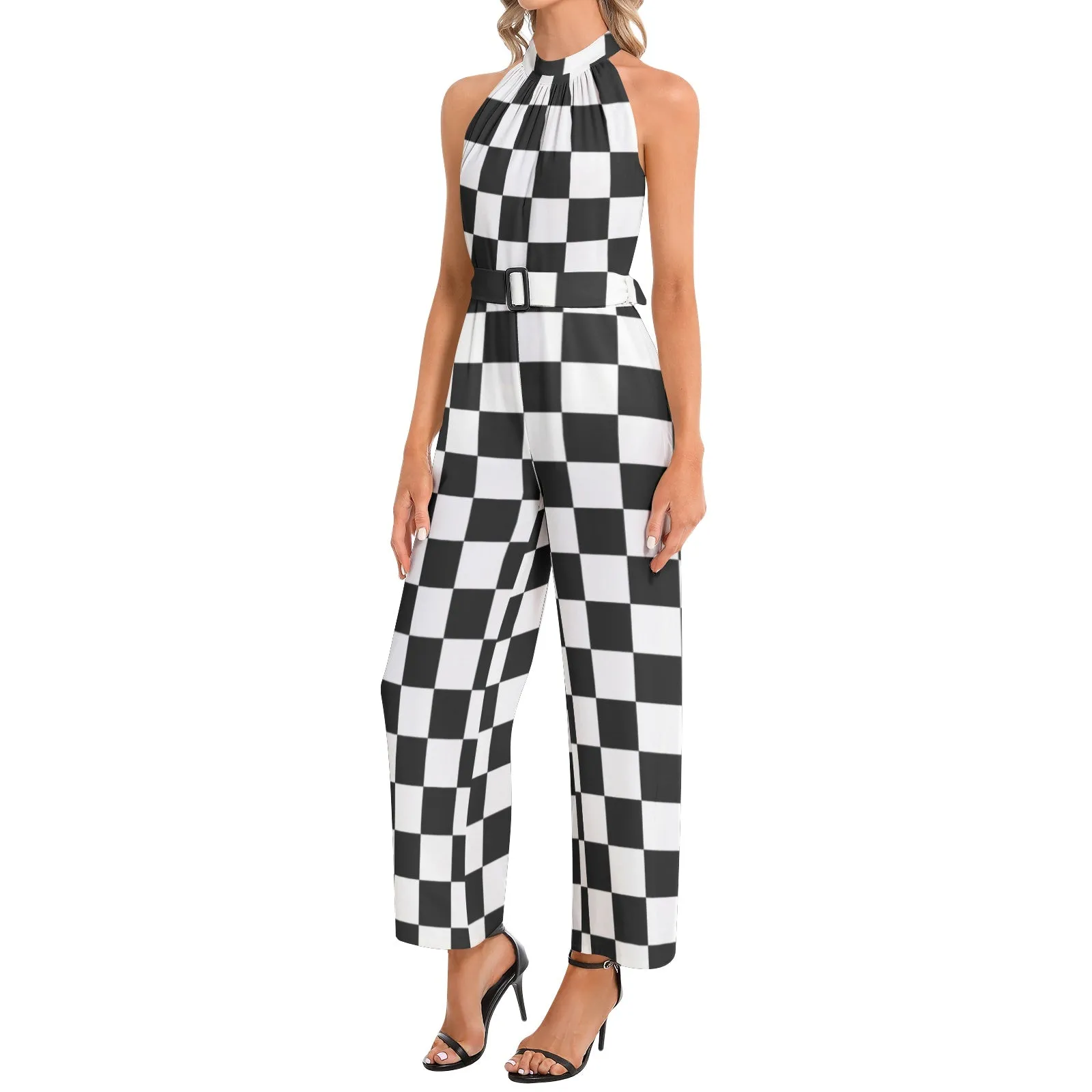 Black and White Checkered Halter Neck Buckle Belted Jumpsuit