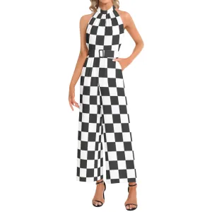 Black and White Checkered Halter Neck Buckle Belted Jumpsuit