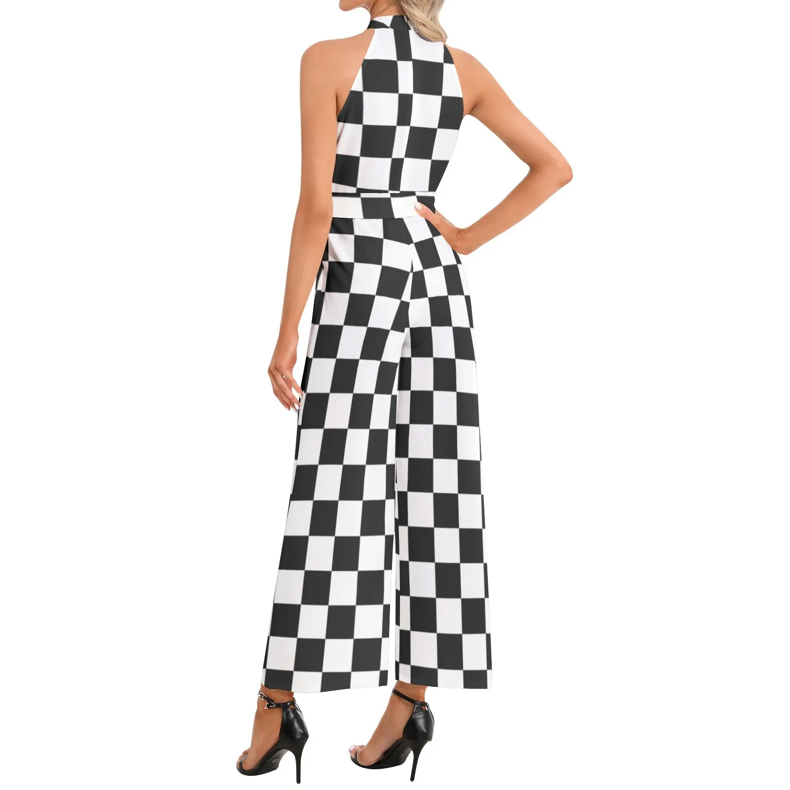 Black and White Checkered Halter Neck Buckle Belted Jumpsuit
