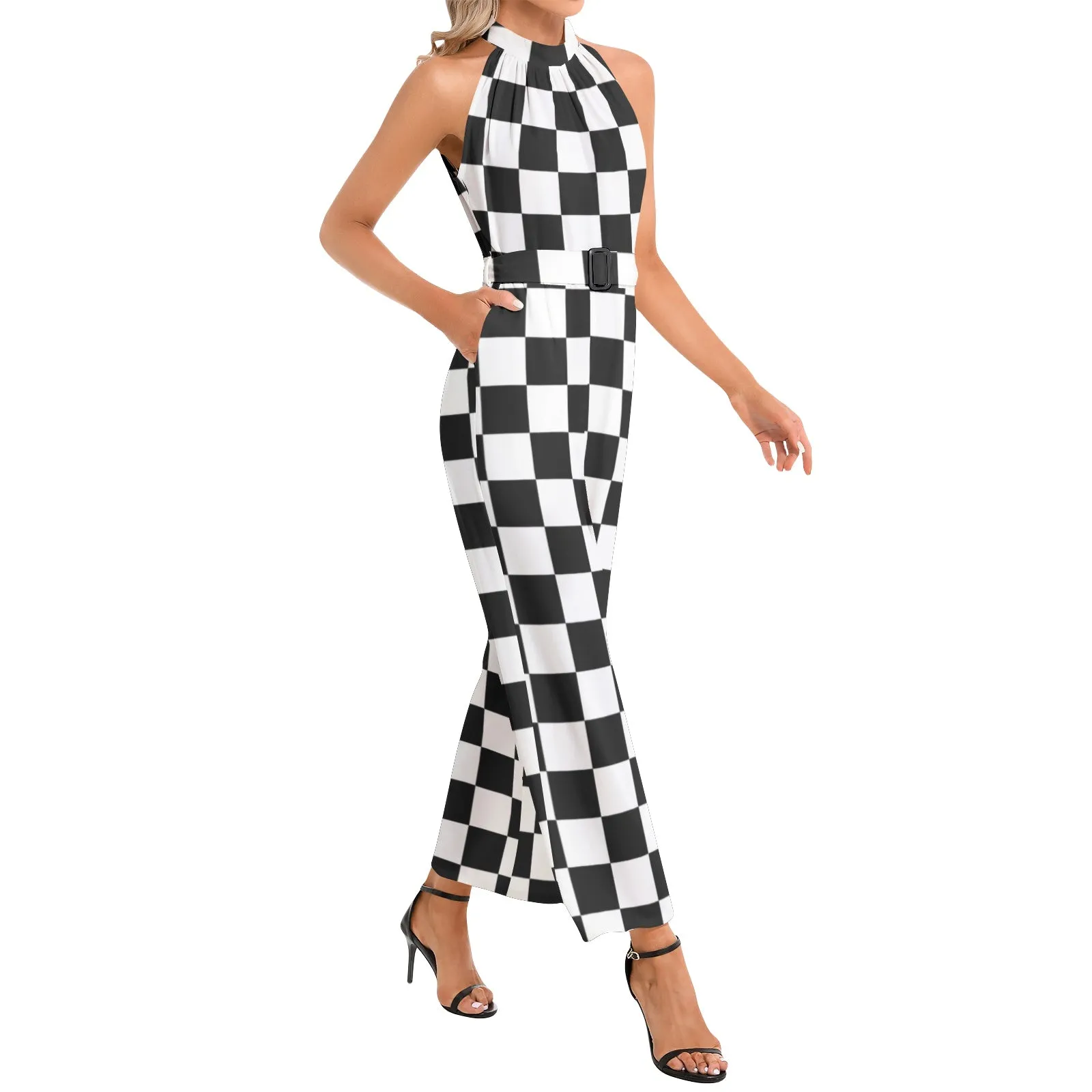 Black and White Checkered Halter Neck Buckle Belted Jumpsuit