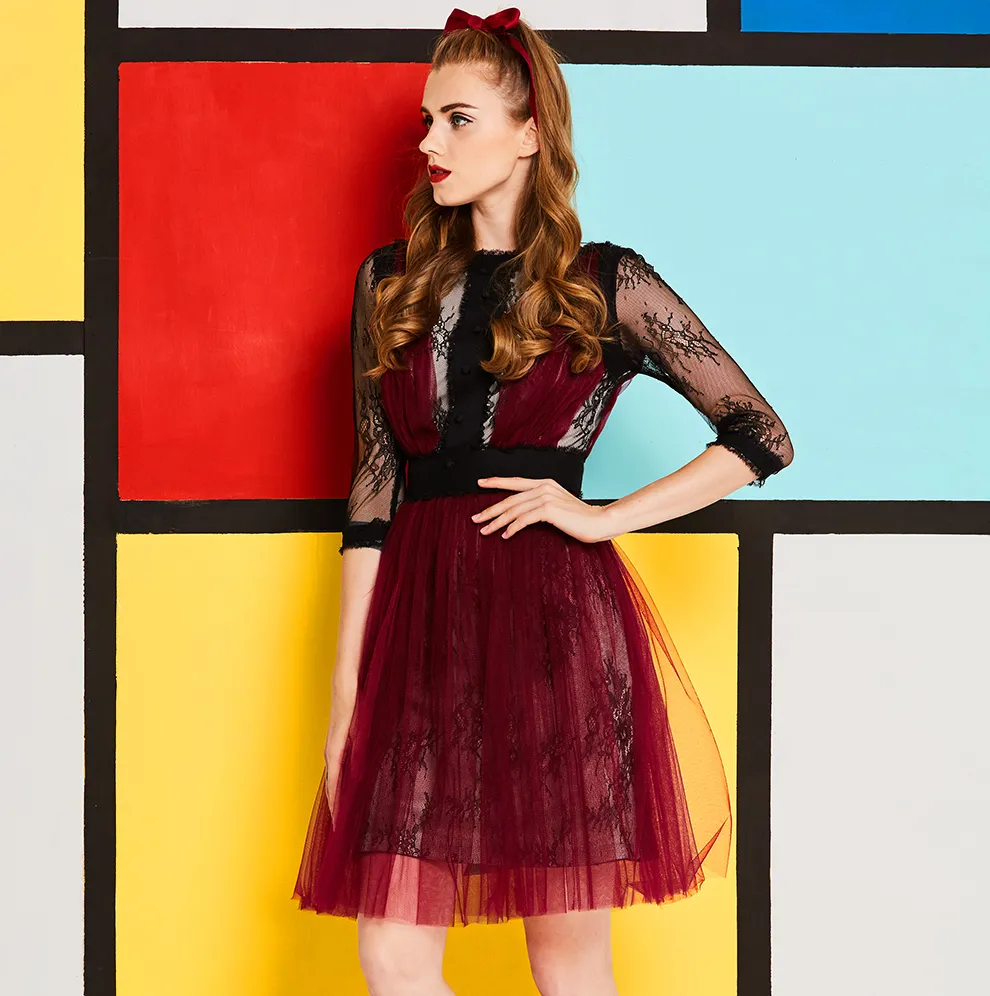 Black Lace and Maroon Mesh Full Skirt Mini Dress