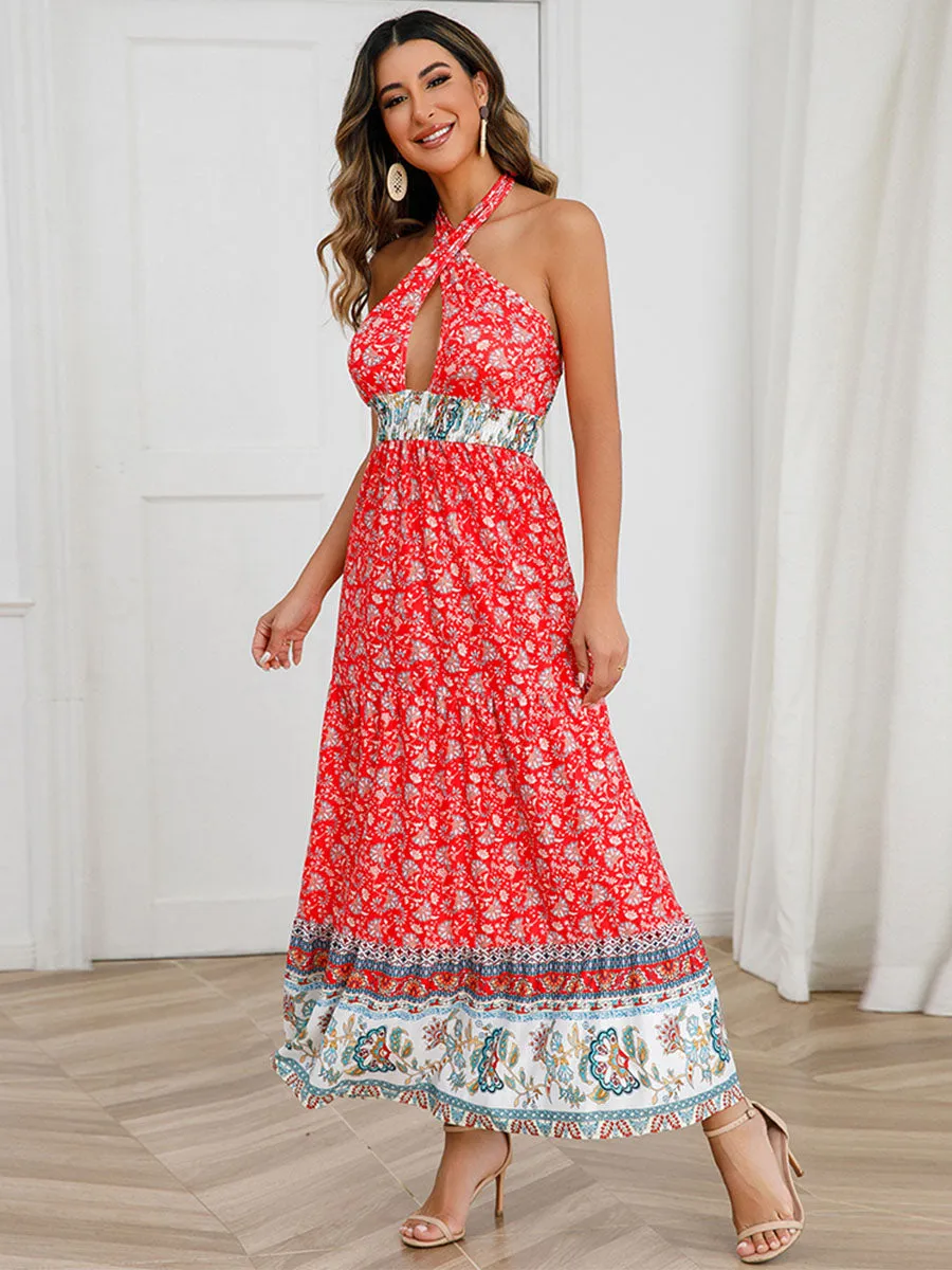 Bohemia Halter Keyhole Neckline Sleeveless Maxi Boho Dress