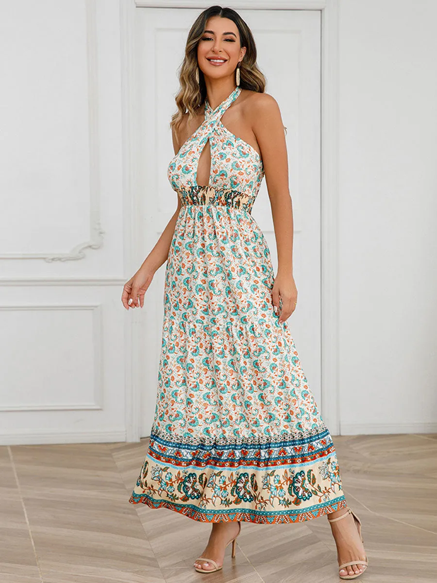 Bohemia Halter Keyhole Neckline Sleeveless Maxi Boho Dress
