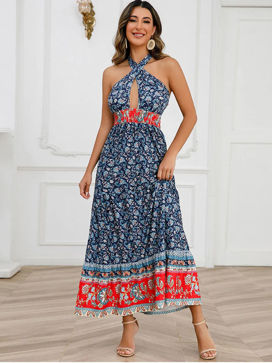 Bohemia Halter Keyhole Neckline Sleeveless Maxi Boho Dress