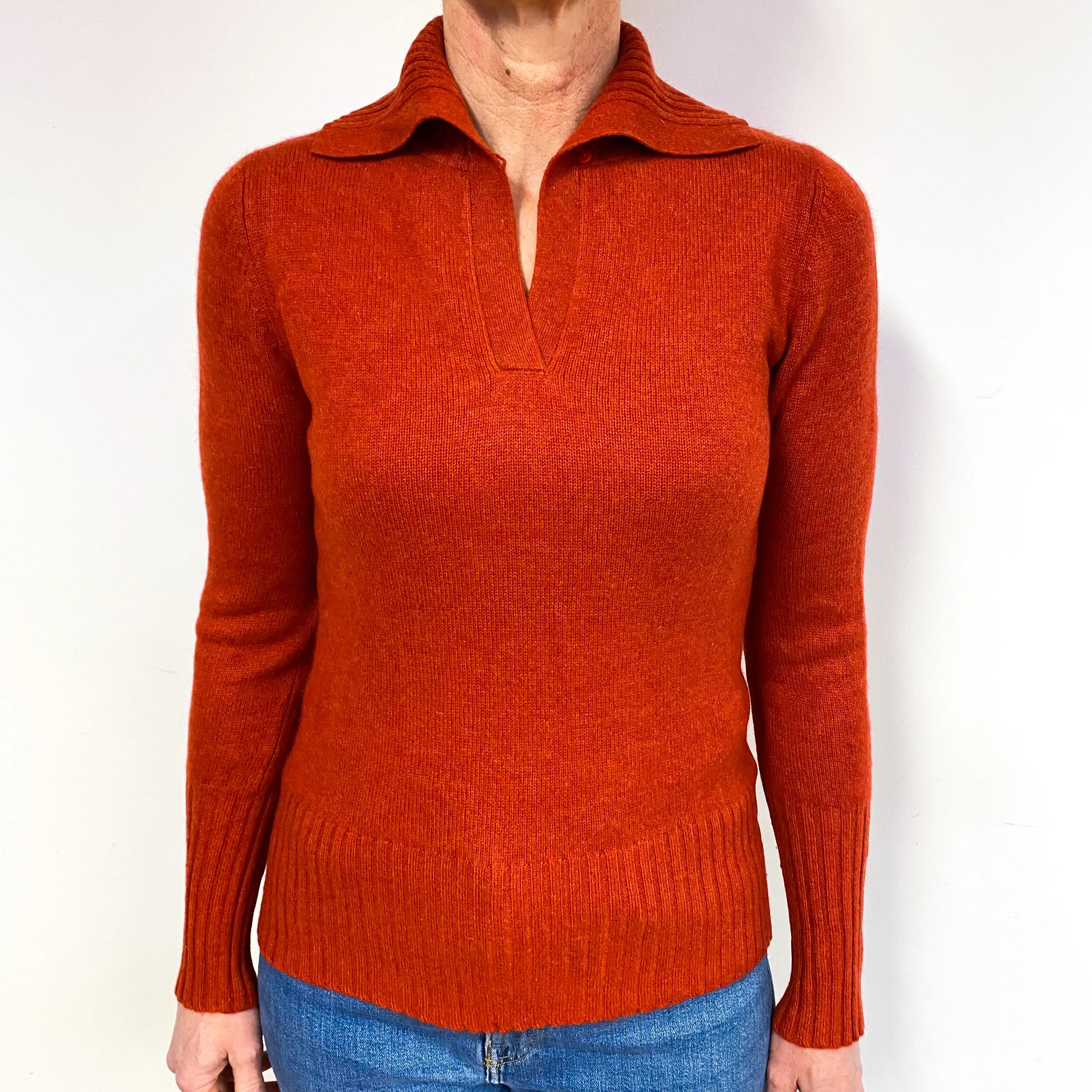 Burnt Orange Collared Cashmere V-Neck Jumper Medium