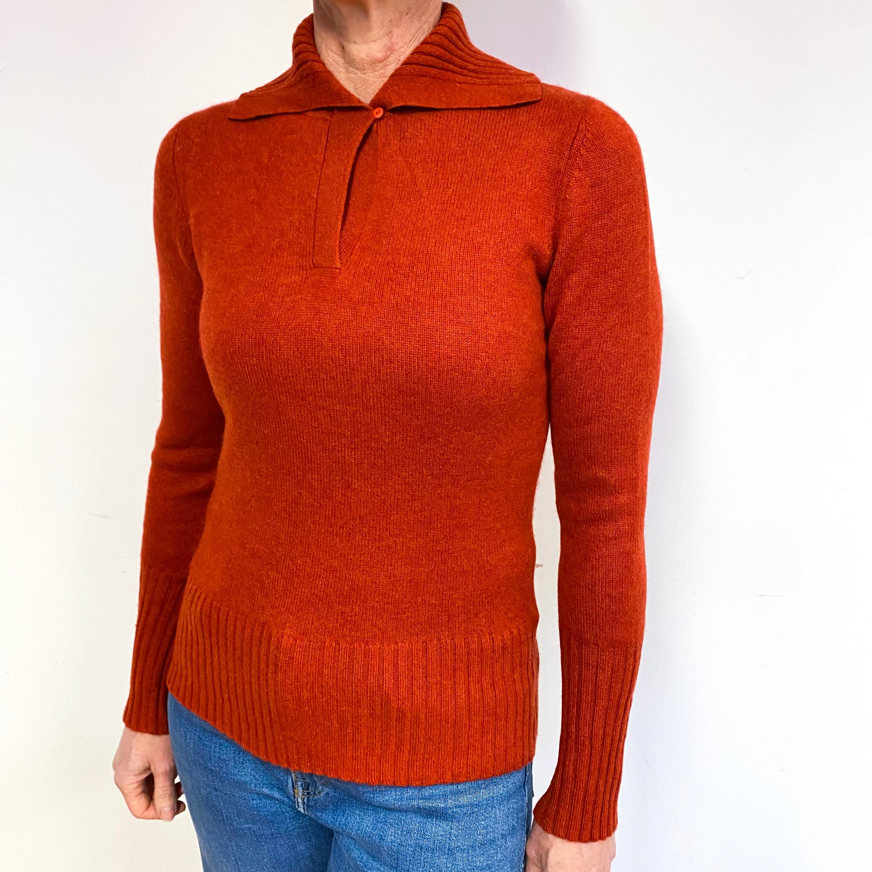 Burnt Orange Collared Cashmere V-Neck Jumper Medium