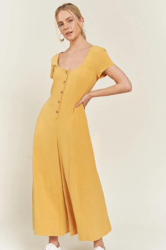 Button Down Linen Jumpsuit - Yellow, Navy - Plus Size