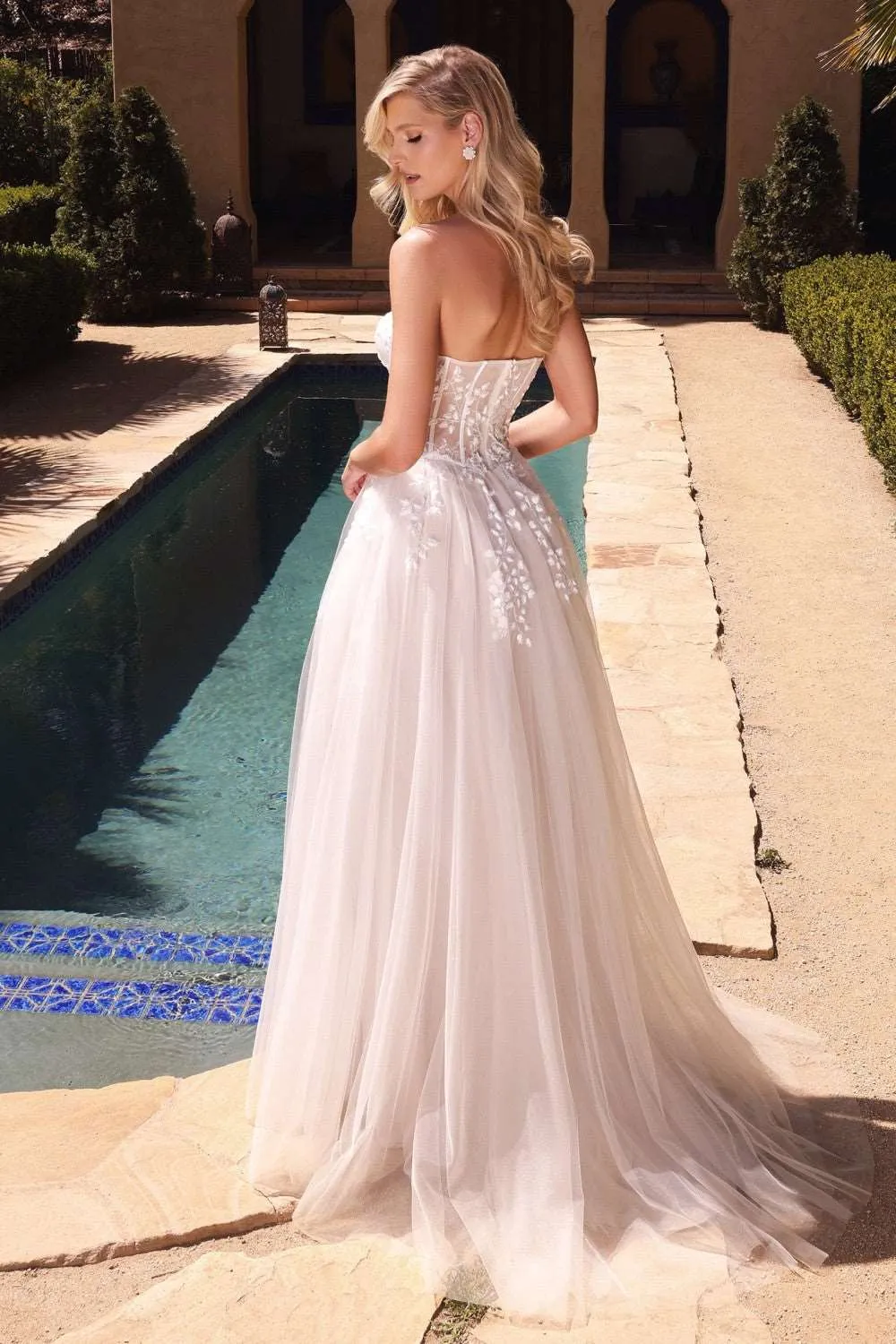 CD CB065W - Strapless A Line Wedding Gown with Floral Applique Corset Bodice & Leg Slit