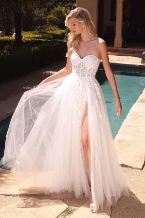 CD CB065W - Strapless A Line Wedding Gown with Floral Applique Corset Bodice & Leg Slit