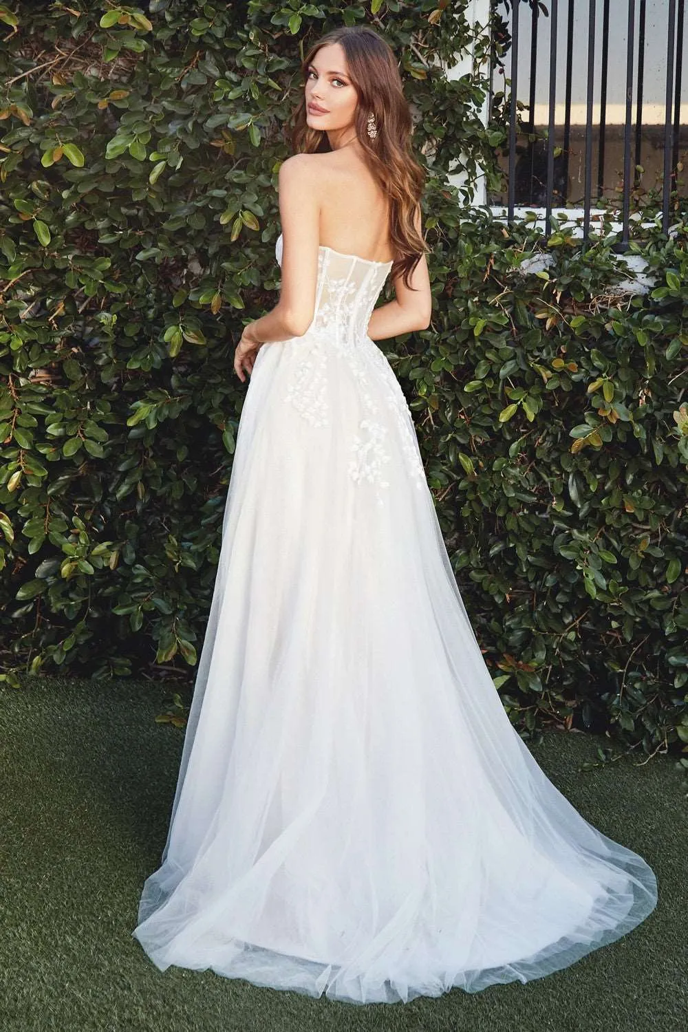 CD CB065W - Strapless A Line Wedding Gown with Floral Applique Corset Bodice & Leg Slit