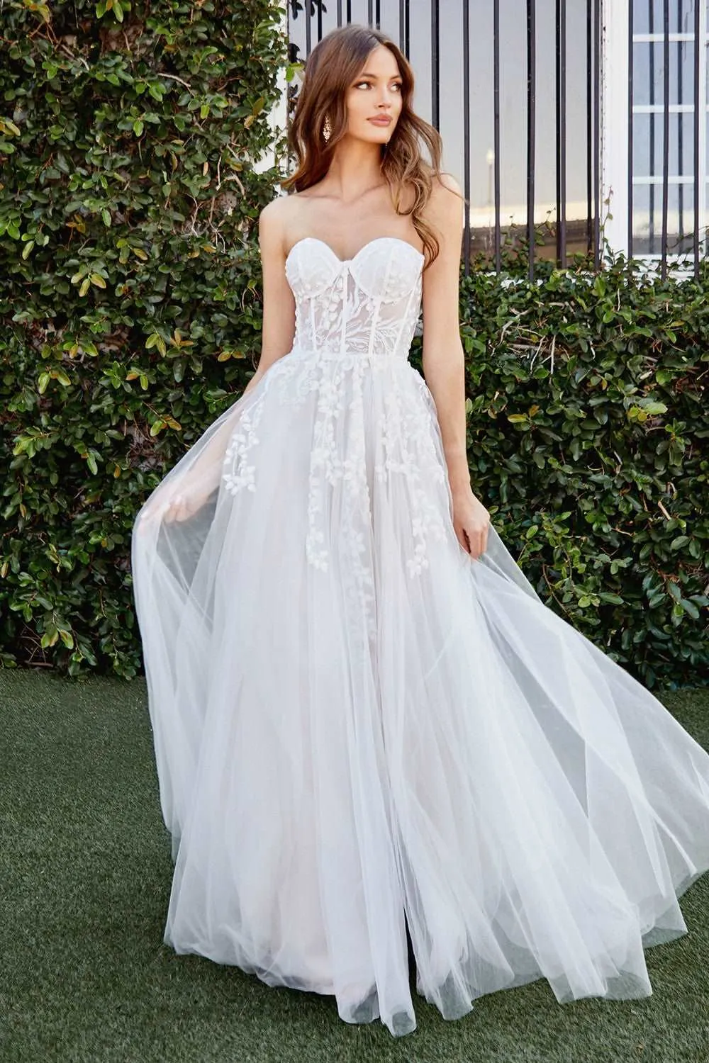 CD CB065W - Strapless A Line Wedding Gown with Floral Applique Corset Bodice & Leg Slit